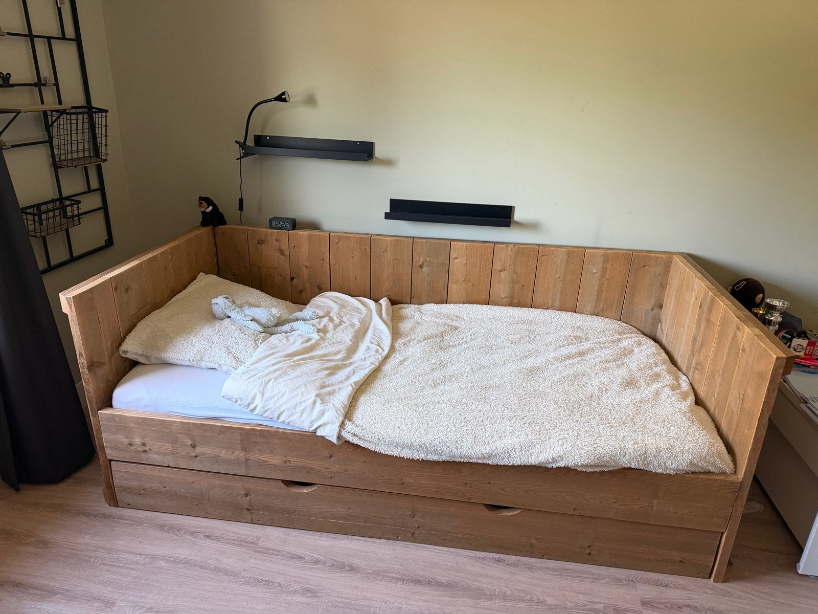 Steigerhouten bed met onderschuifbed en lattenbodem, Ophalen, Gebruikt, 90 cm, Eenpersoons