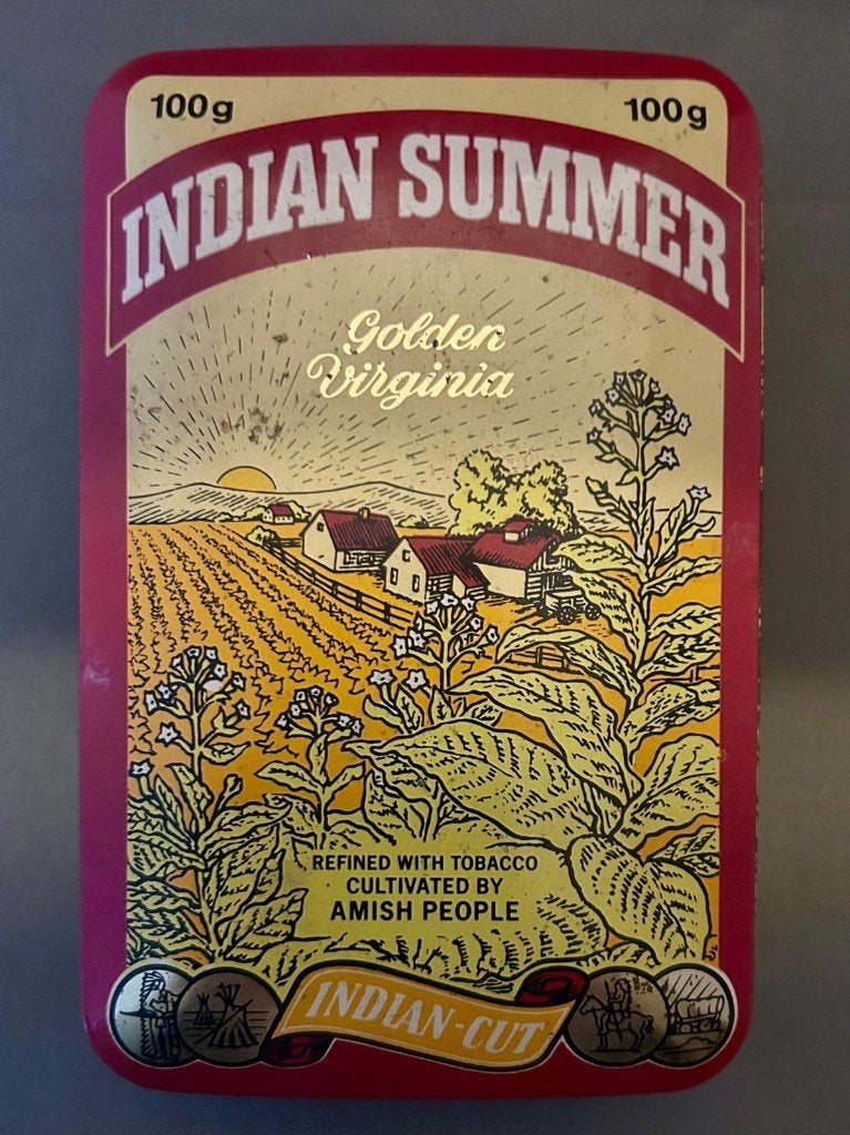 Vintage tabaksdoos Indian Summer – origineel uit Engeland, Verzamelen, Ophalen of Verzenden, Gebruikt, Sigarenbandjes