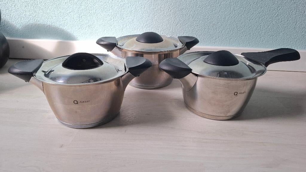BK pannenset (3 pannen met dekstel), model Q-liniair, Huis en Inrichting, Keuken | Potten en Pannen, Gebruikt, Inductieplaat, Pannenset