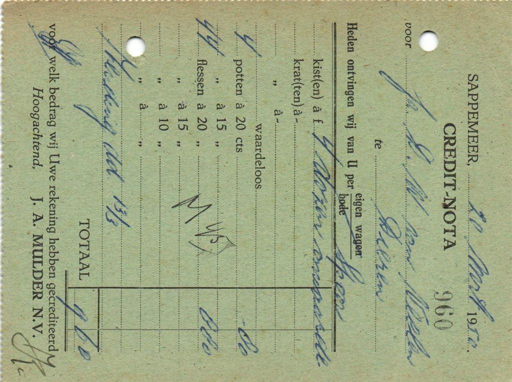 J.A. Mulder NV, Sappemeer - 03.1950 - credit-nota, Ophalen of Verzenden, Briefkaart