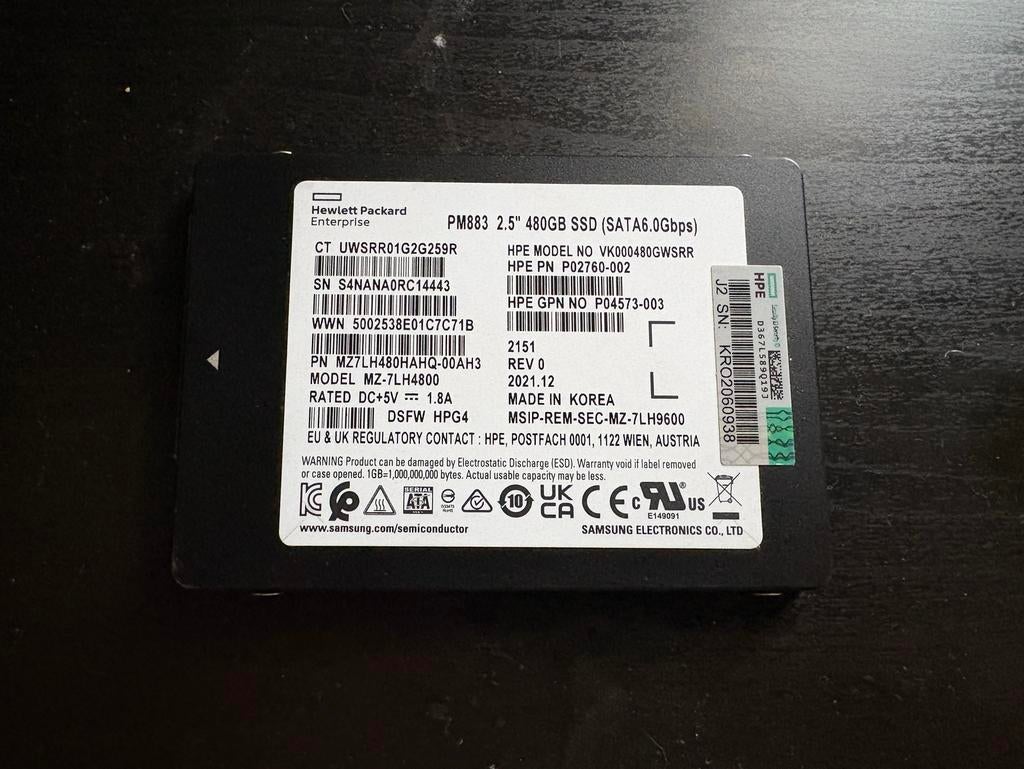 HPE PM883 2.5" 480GB SSD SATA6.0Gbps, Ophalen, Intern, Server, Zo goed als nieuw