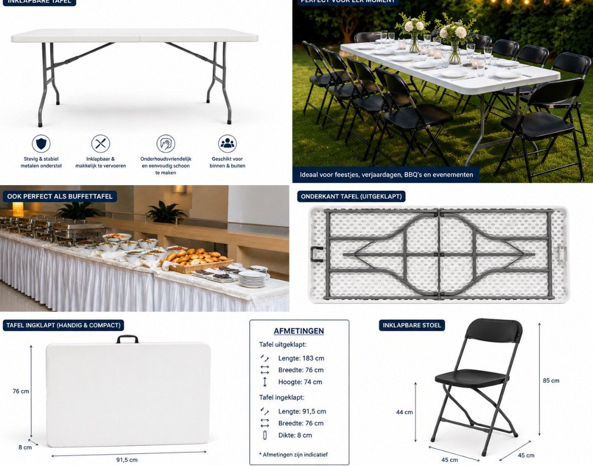 Tafels en stoelen verhuur (inklapbaar), Huis en Inrichting, Tafels | Eettafels, Ophalen of Verzenden, Rechthoekig, 50 tot 100 cm