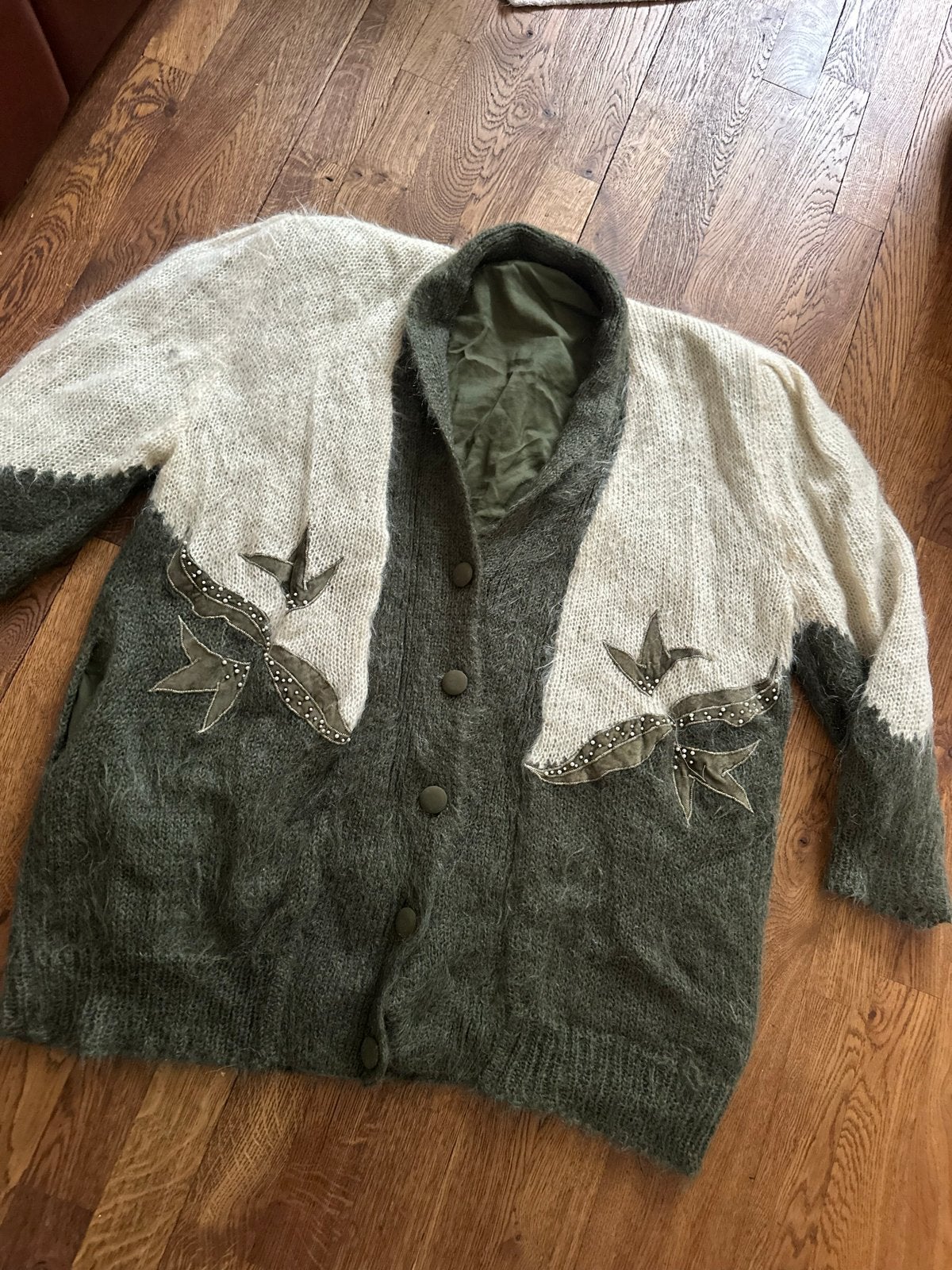 Vintage Oversized Gebreid Vest Groen Wit Crème XL-XXL, Ophalen of Verzenden, Gedragen, Maat 46/48 (XL) of groter, Groen