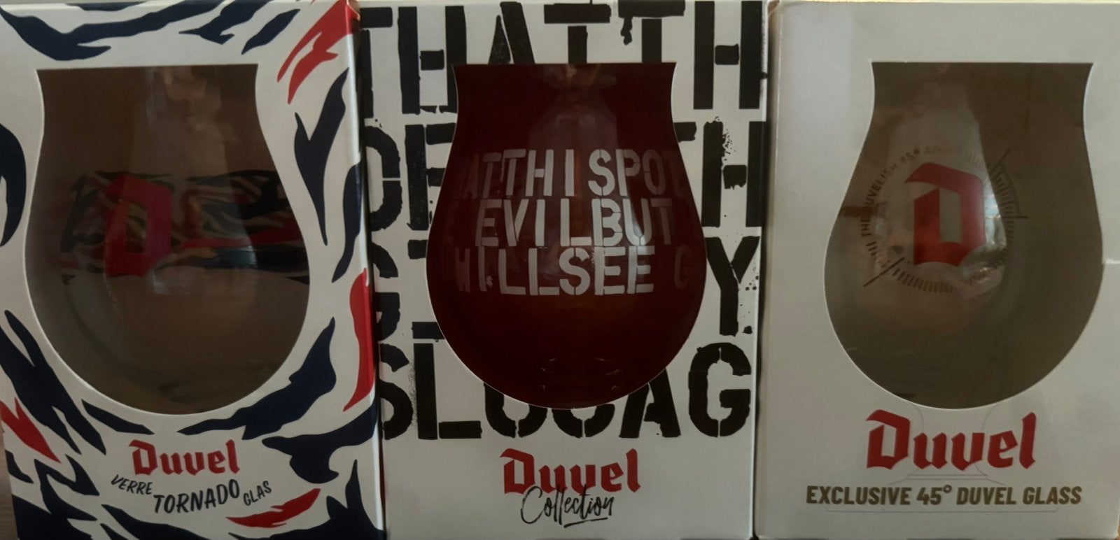 3 verschillende Duvel glazen, Tornado, 45 graden & Moortgat, Ophalen, Nieuw, Glas of Glazen, Duvel