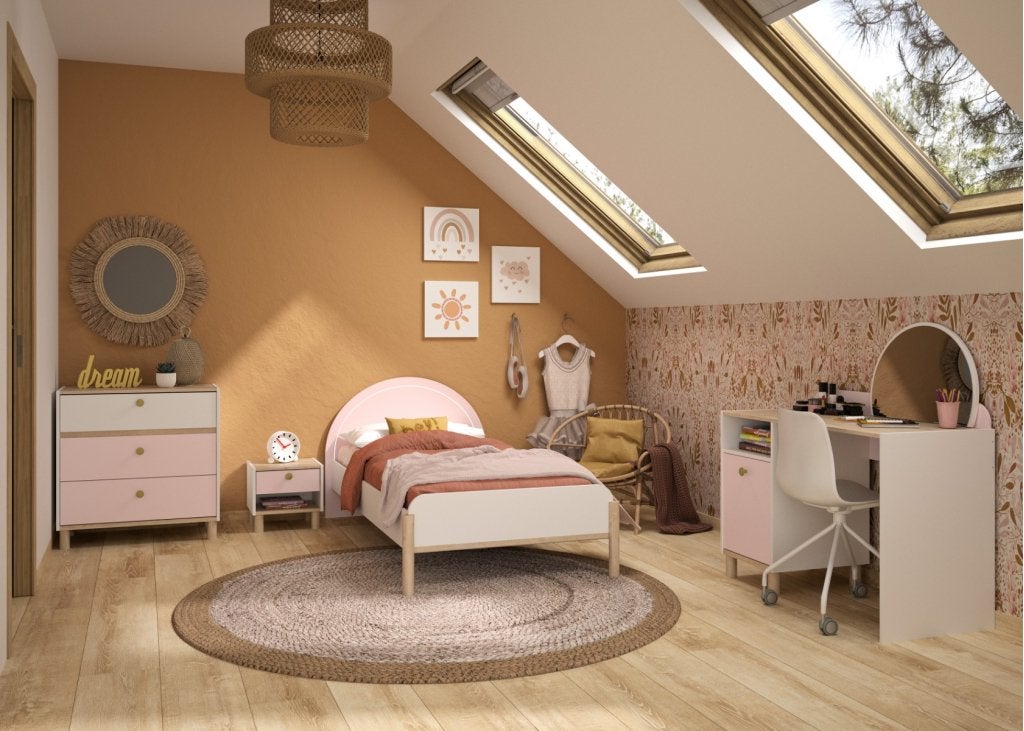 Romy 1-persoonsbed - 90x200 - Wit/roze/lichteiken, Niet ingevuld, Niet ingevuld, Niet ingevuld