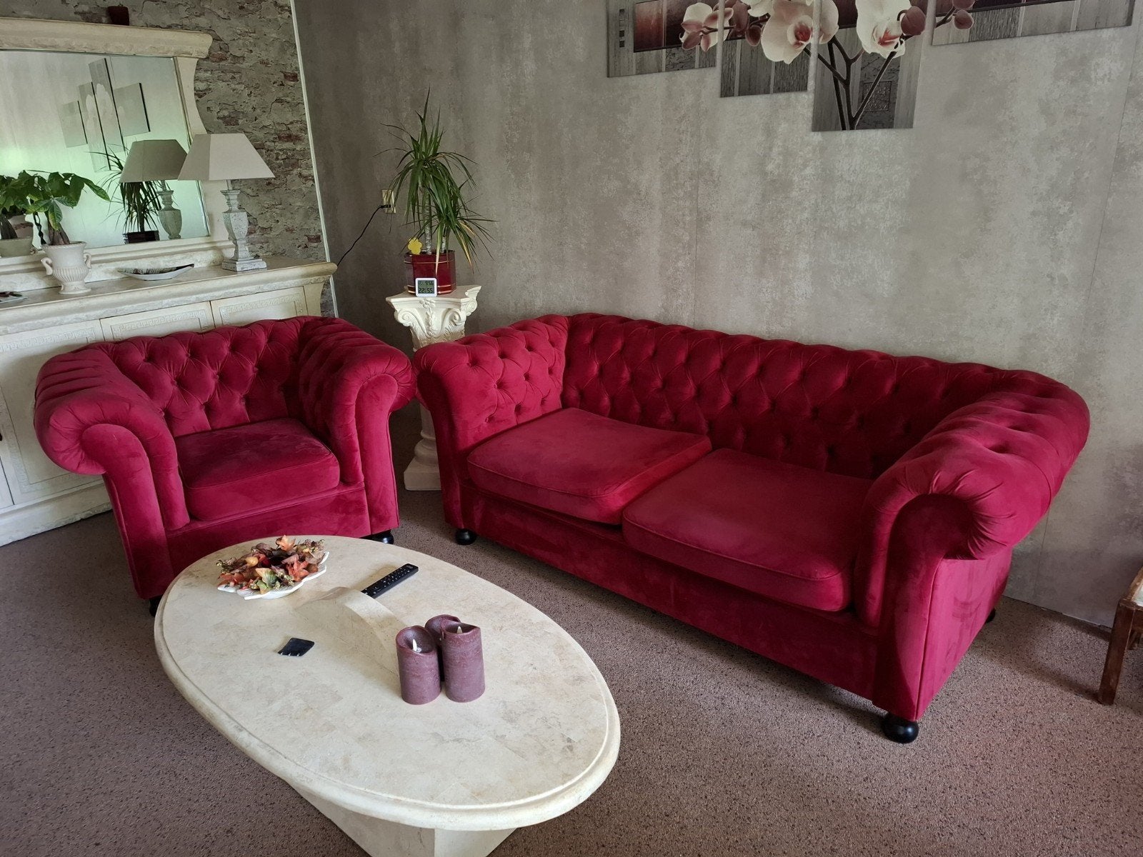 Bank en fauteuil set - Rood fluweel, Ophalen, Gebruikt, Klassiek, Driepersoons