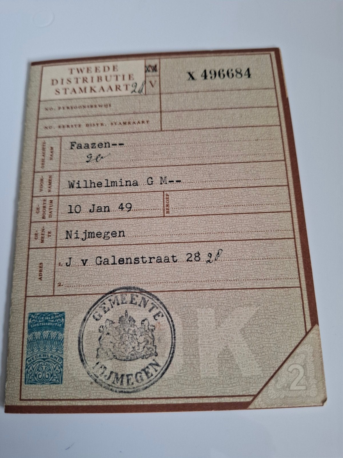 Document Nijmegen distributie stamkaart 1949 bonkaart, Ophalen of Verzenden, Nederland