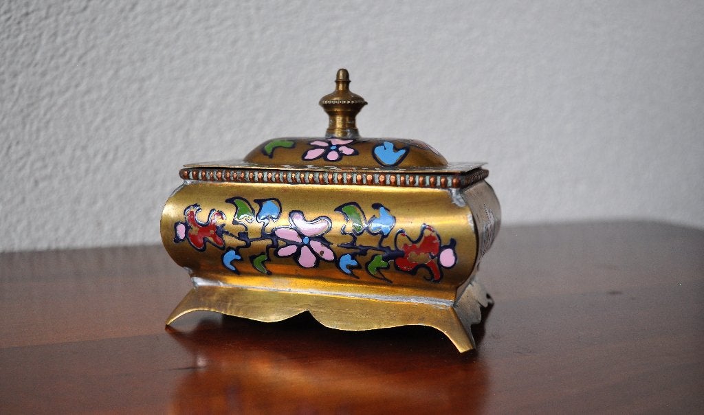 Oud KLEIN Doosje Beschilderd Koper 10 cm, Antiek en Kunst, Curiosa en Brocante, Ophalen of Verzenden