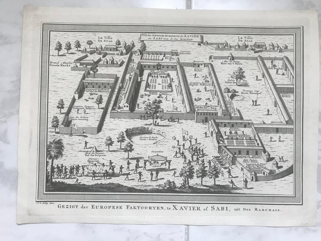 Gezigt der Europese Faktooryen, te Xavier of Sabi, 1747,mooi, Origineel, Cartografie, 19 cm, Ophalen of Verzenden