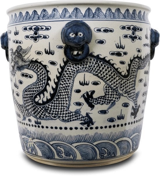 Chinese Draken Bloempot Keramiek - Wit/Blauw (L 41 cm), 40 cm of meer, Nieuw, Ophalen of Verzenden, Aardewerk
