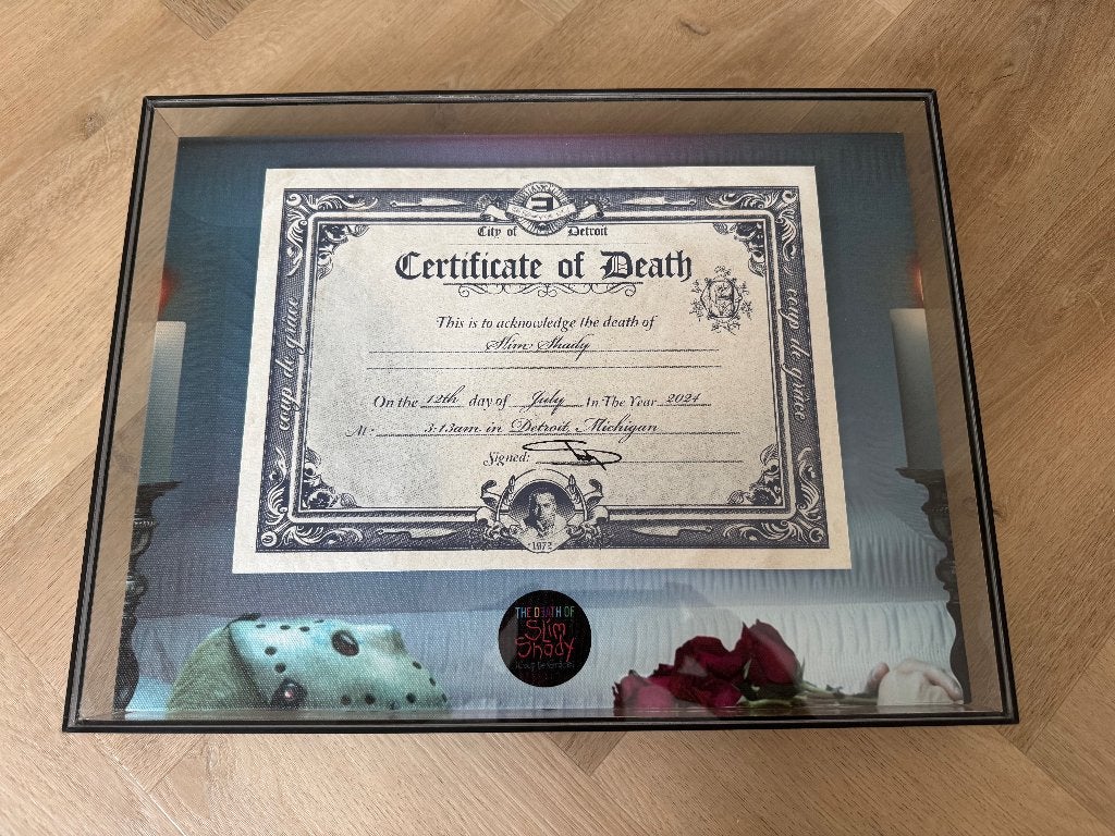 Eminem - TDOSS Death Certificate Shadow Box (SIGNED), Verzamelen, Ophalen, Nieuw, Poster, Artwork of Schilderij, Gesigneerd