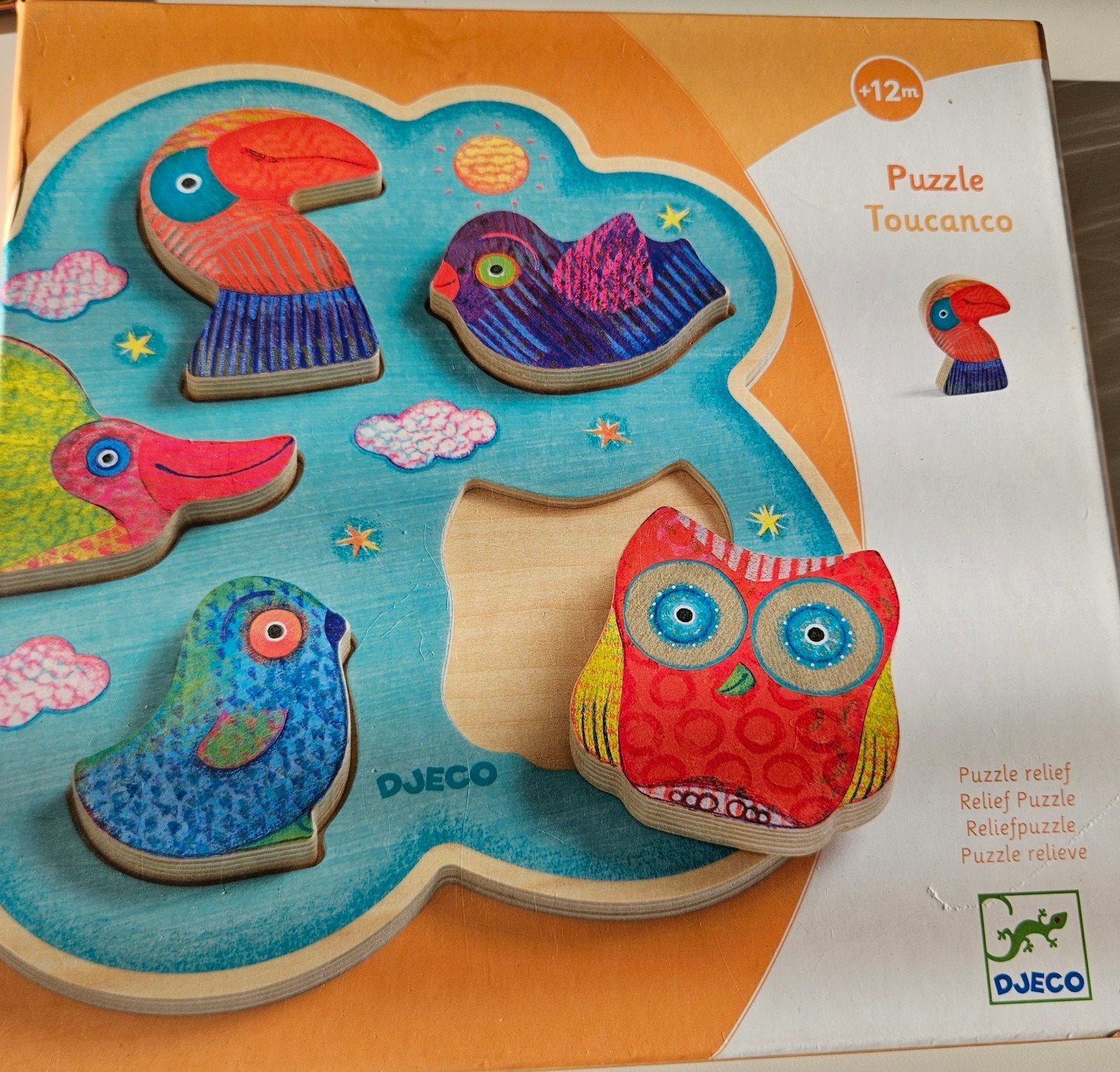 Djeco Toucanco Houten Reliefpuzzel voor Peuters, Kinderen en Baby's, Speelgoed | Kinderpuzzels, Ophalen of Verzenden, Zo goed als nieuw