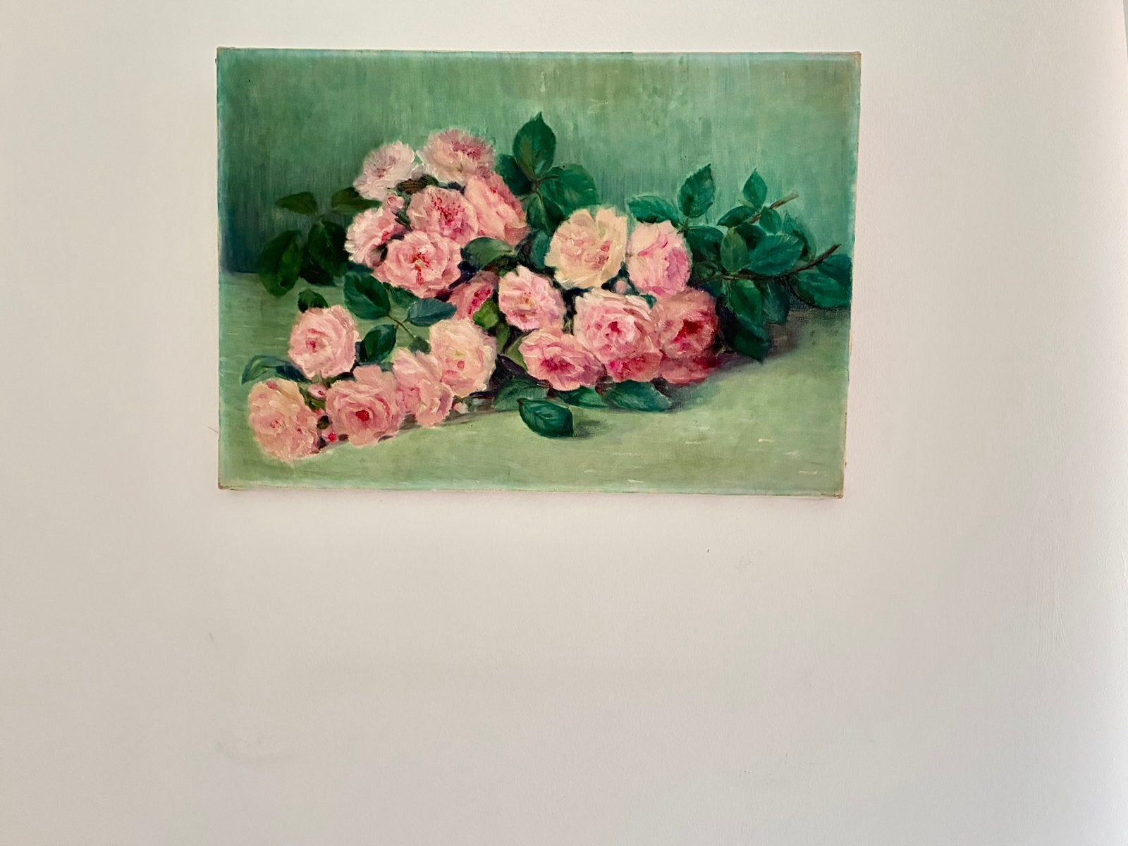 Antiek Frans olieverf jaren ‘20 rose rozen, Bloemen, Doek, Ophalen of Verzenden, Olieverf