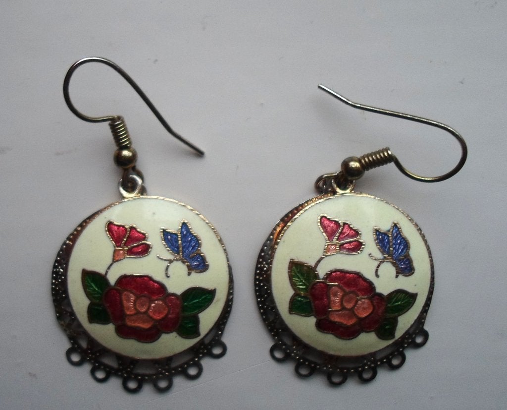 Oorbellen Cloisonné. Bloemen en vlinder, Overige materialen, Hangers, Overige kleuren, Ophalen of Verzenden