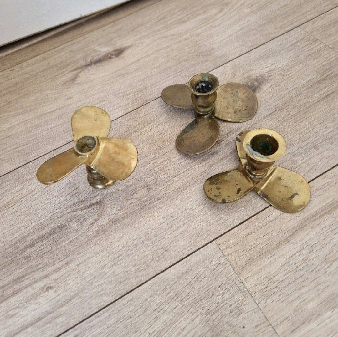 Set van 3 propeller kandelaren messing vintage, Ophalen of Verzenden