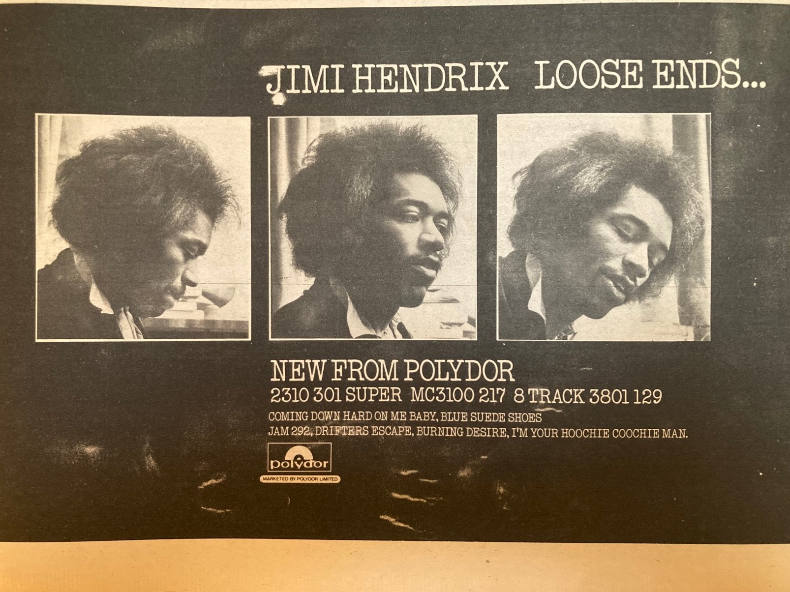 A4 advertentie JIMI HENDRIX Loose Ends release, Ophalen of Verzenden, Gebruikt, Poprock
