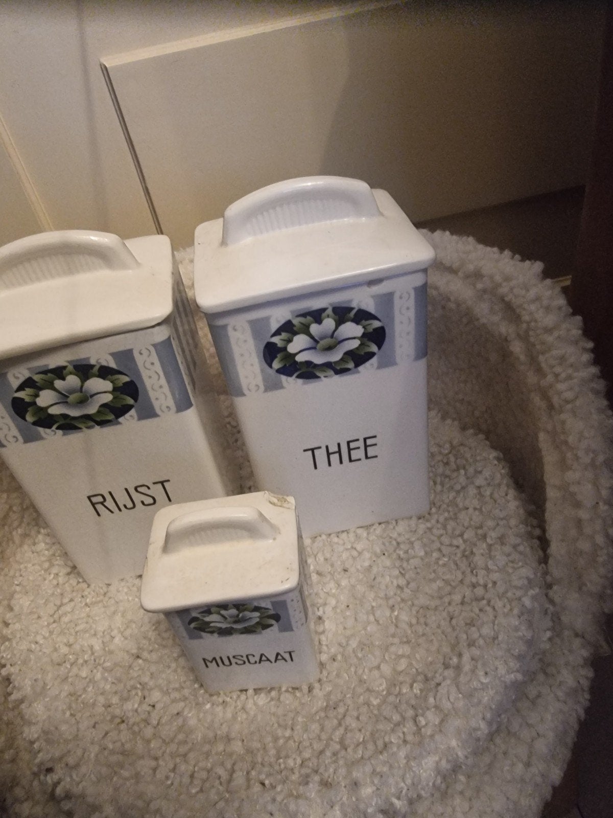 Vintage voorraadpotten set: Rijst, Thee, Nootmuskaat, Ophalen of Verzenden