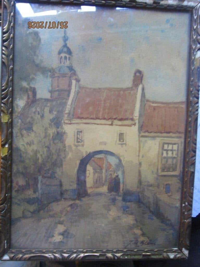 J.Le Blanc, Pseud. A.C.W.TERHELL, aquarel van een poortje, Antiek en Kunst, Kunst | Schilderijen | Klassiek, Ophalen, Stads- / dorpsgezicht