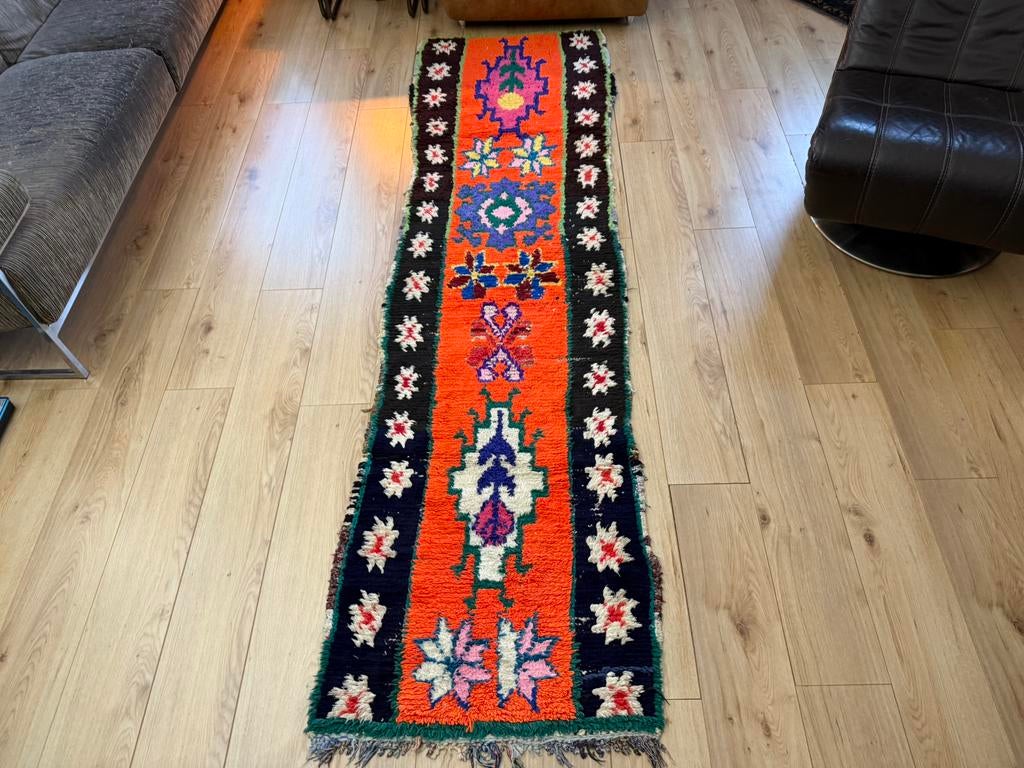 Handgeknoopt vintage tapijt 274x75 cm kleurrijk boho design, Info@bababoho.com, Zo goed als nieuw, Zwart, Handmade Handknotted carpet wool Maroccan design rug
