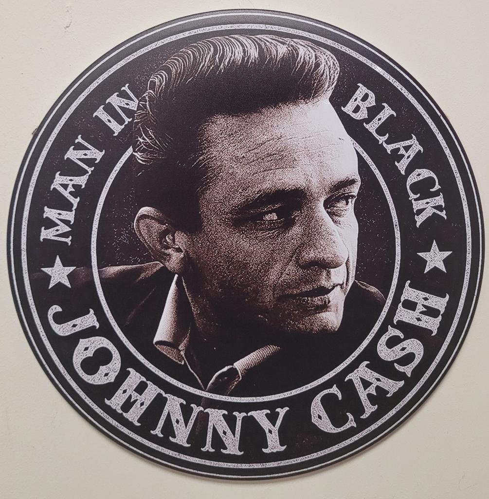 Johnny Cash man in black rond reclamebord van metaal deco