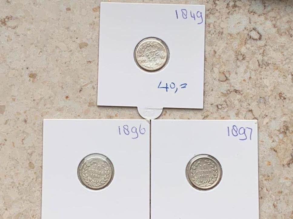 3 zeer oude zilveren dubbeltjes 1849,1896,1897, Ophalen of Verzenden, Koningin Wilhelmina, 10 cent