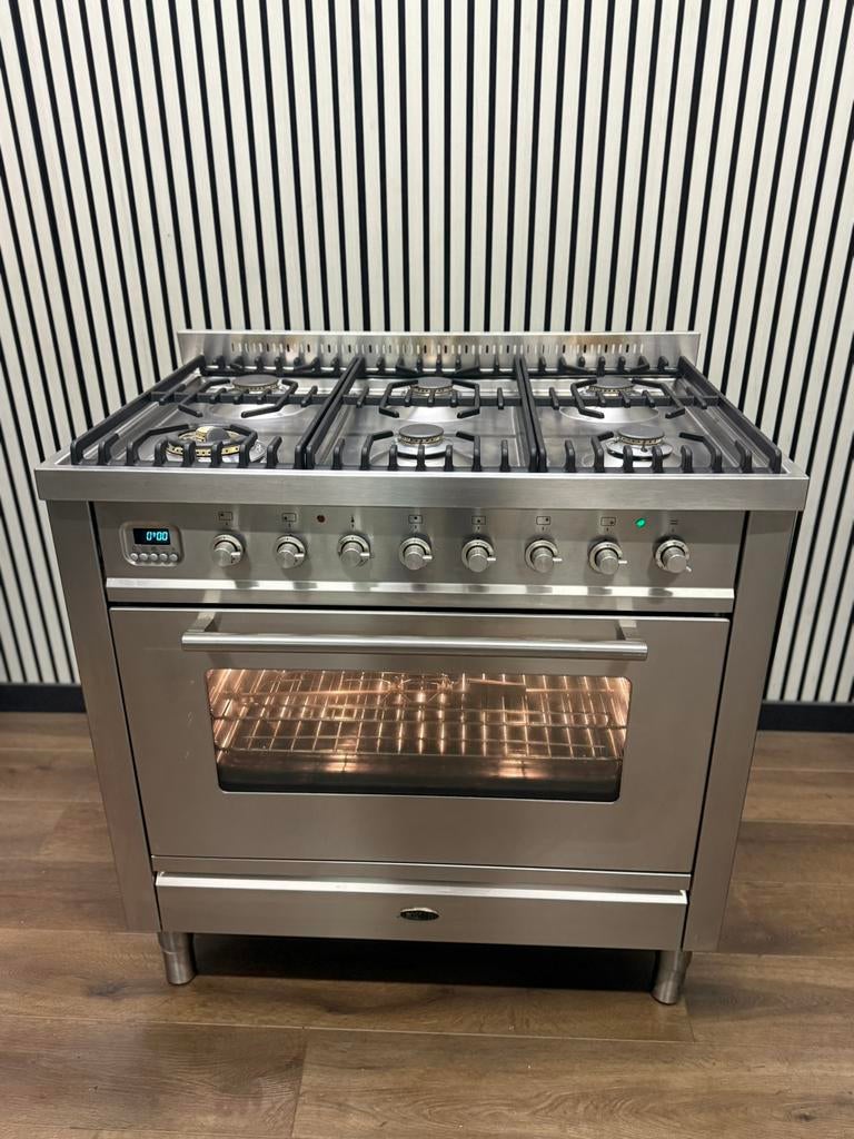 Luxe Boretti 6 pits RVS met multifunctionele oven 90 cm, Fornello Esperta, Ophalen of Verzenden, Zo goed als nieuw, Energieklasse A of zuiniger