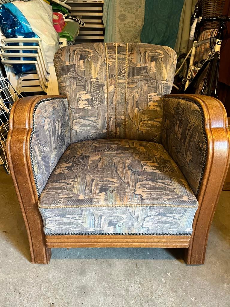 Vintage Art Deco Stoel - Opnieuw Gestoffeerd, Huis en Inrichting, Fauteuils, Gebruikt, Hout, Minder dan 50 cm, Minder dan 75 cm