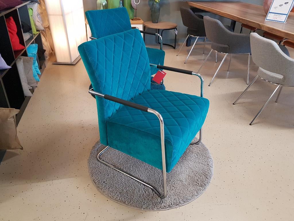 Fauteuil , slede frame , bekleding blauw, Huis en Inrichting, Fauteuils, Ophalen, Gebruikt, 75 tot 100 cm, Stof