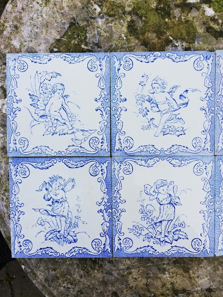 29 antieke wandtegels met engeltje 15x15cm, 4 afbeeldingen, Ophalen