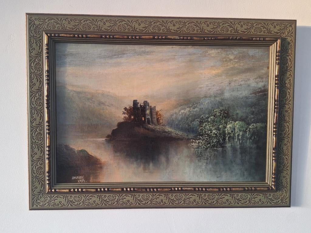 Schilderij van kasteel op eiland, gesigneerd J. Herbert 1913, Antiek en Kunst, Kunst | Schilderijen | Klassiek, Ophalen of Verzenden
