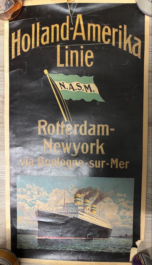 Vintage Holland-Amerika Lijn Poster Rotterdam-New York, Ophalen, A1 t/m A3, Overige onderwerpen, Rechthoekig Staand