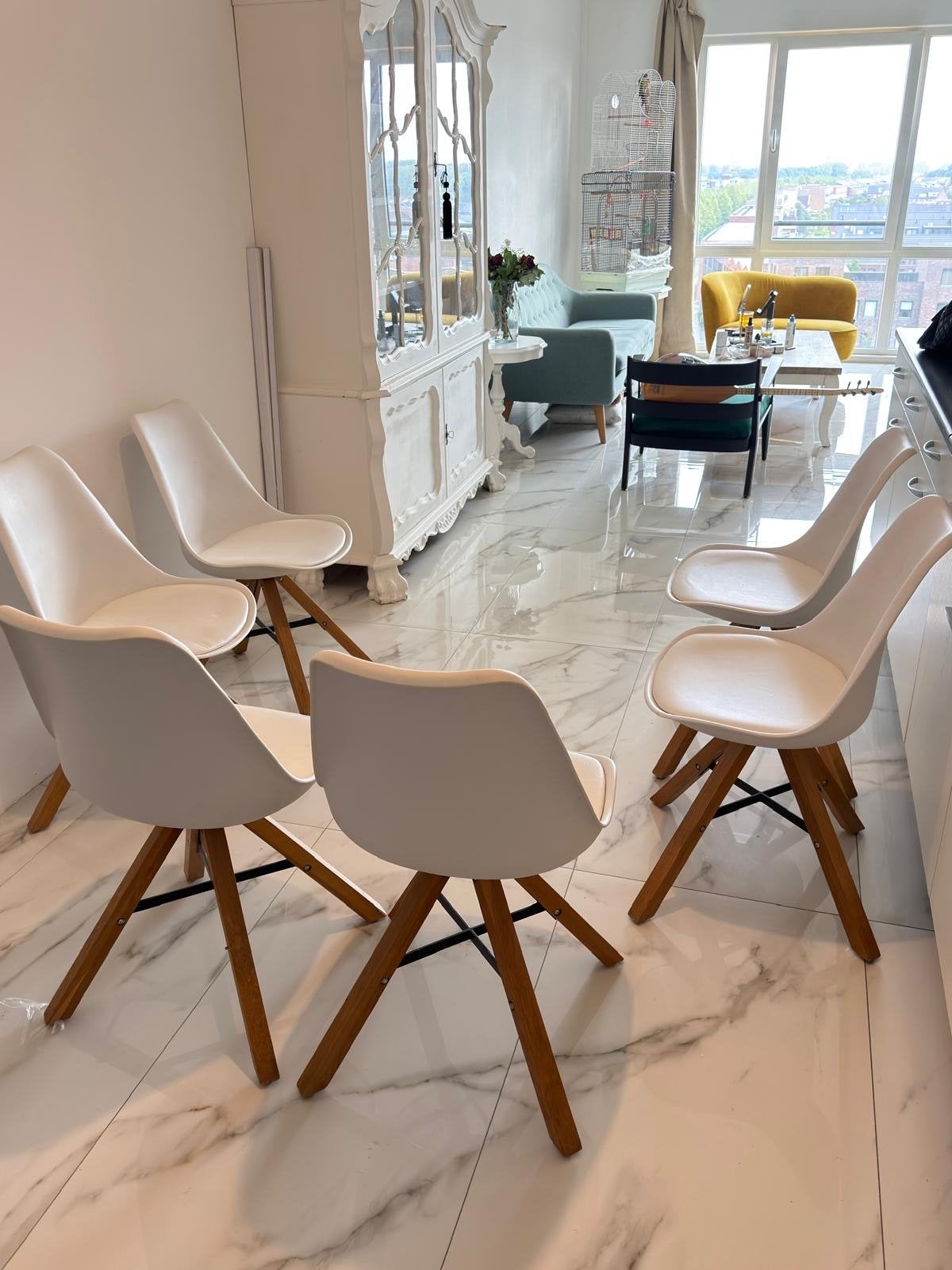 Set van 6 Witte Eetkamerstoelen met Houten Poten, Ophalen, Gebruikt, Wit, Vijf, Zes of meer stoelen