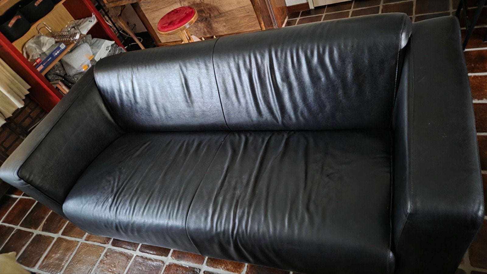 Zwarte leren bank en fauteuil - Gebruikt, Ophalen, Gebruikt, 150 tot 200 cm, Modern klassiek