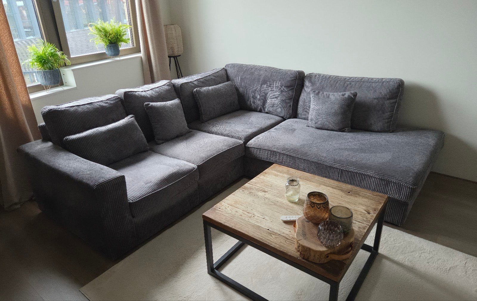 Grijze ribstof hoekbank met chaise longue 250x250 cm, Ophalen, Gebruikt, 200 tot 250 cm, Vierpersoons of meer