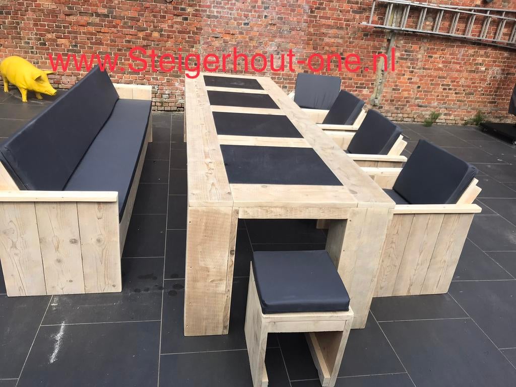 Steigerhout tuinset Tuinmeubelen Gratis levering  10%korting, Tuin en Terras, Tuinsets en Loungesets, Nieuw, Steigerhout, Bank