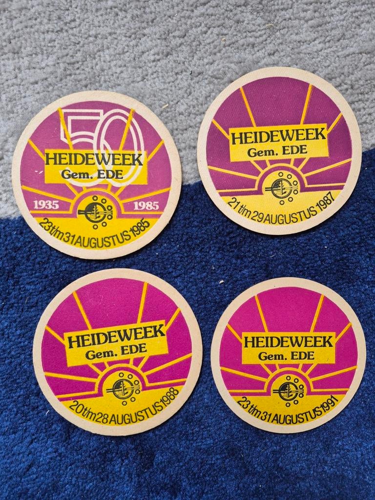 4 Amstel bierviltjes Heideweek Ede 1985, 1987, 1988, 1991, Verzamelen, Merken en Reclamevoorwerpen, Ophalen of Verzenden