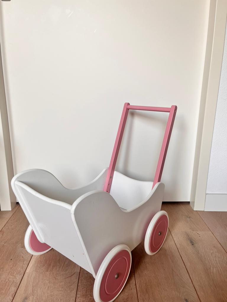 Houten poppenwagen roze/wit, Ophalen, Gebruikt, Duwvoertuig