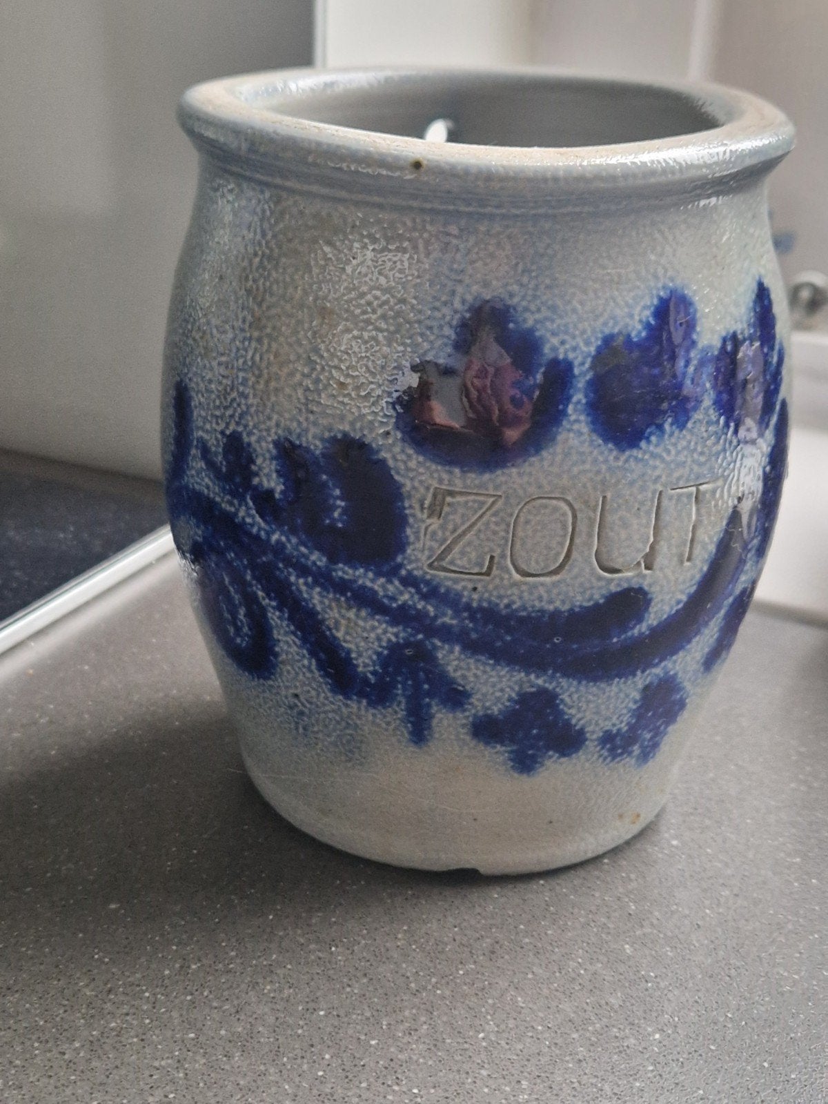 Vintage Zout Pot van Keramiek - Blauw en Grijs, Ophalen of Verzenden