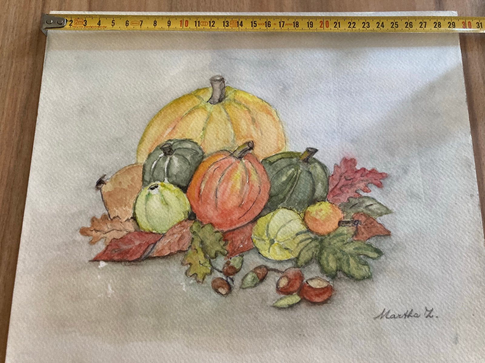 Schilderij aquarel pompoen herfst, Minder dan 50 cm, Oorspronkelijke maker, Ophalen of Verzenden, Zo goed als nieuw