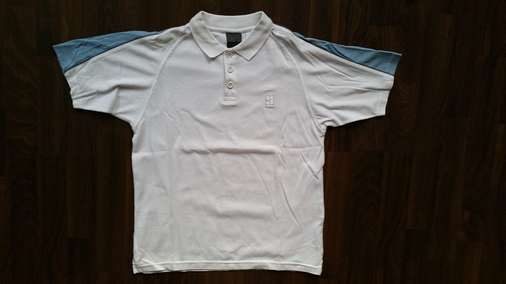 Nike Dri Fit poloshirt wit met blauw m/140-152, Kinderen en Baby's, Kinderkleding | Maat 140, Ophalen of Verzenden, Zo goed als nieuw