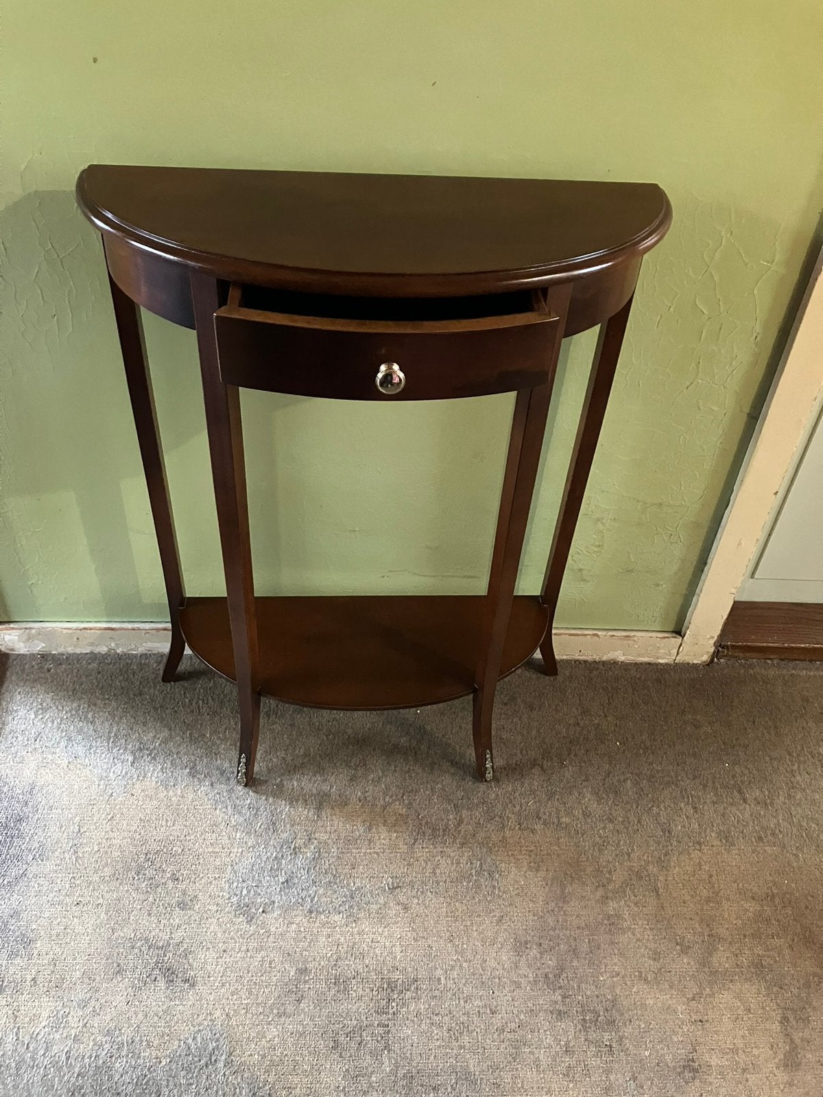 Mooie klassieke halfronde wandtafel/console van donker hout, Ophalen, Rond, Zo goed als nieuw, 25 tot 50 cm