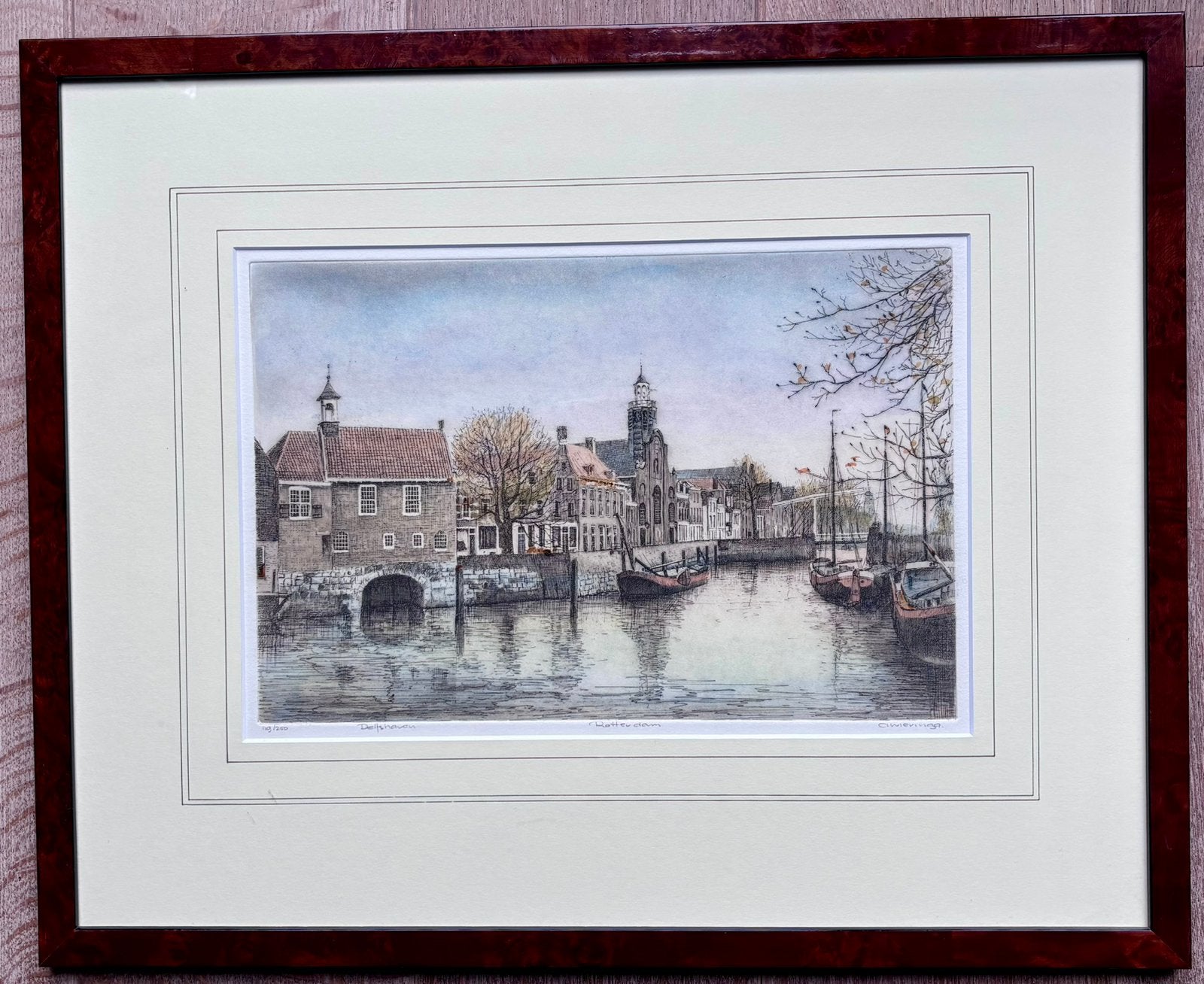 Originele ets “Delfshaven” Albert Wieringa, Antiek en Kunst, Ets, Stadsgezicht, Origineel, 59 cm