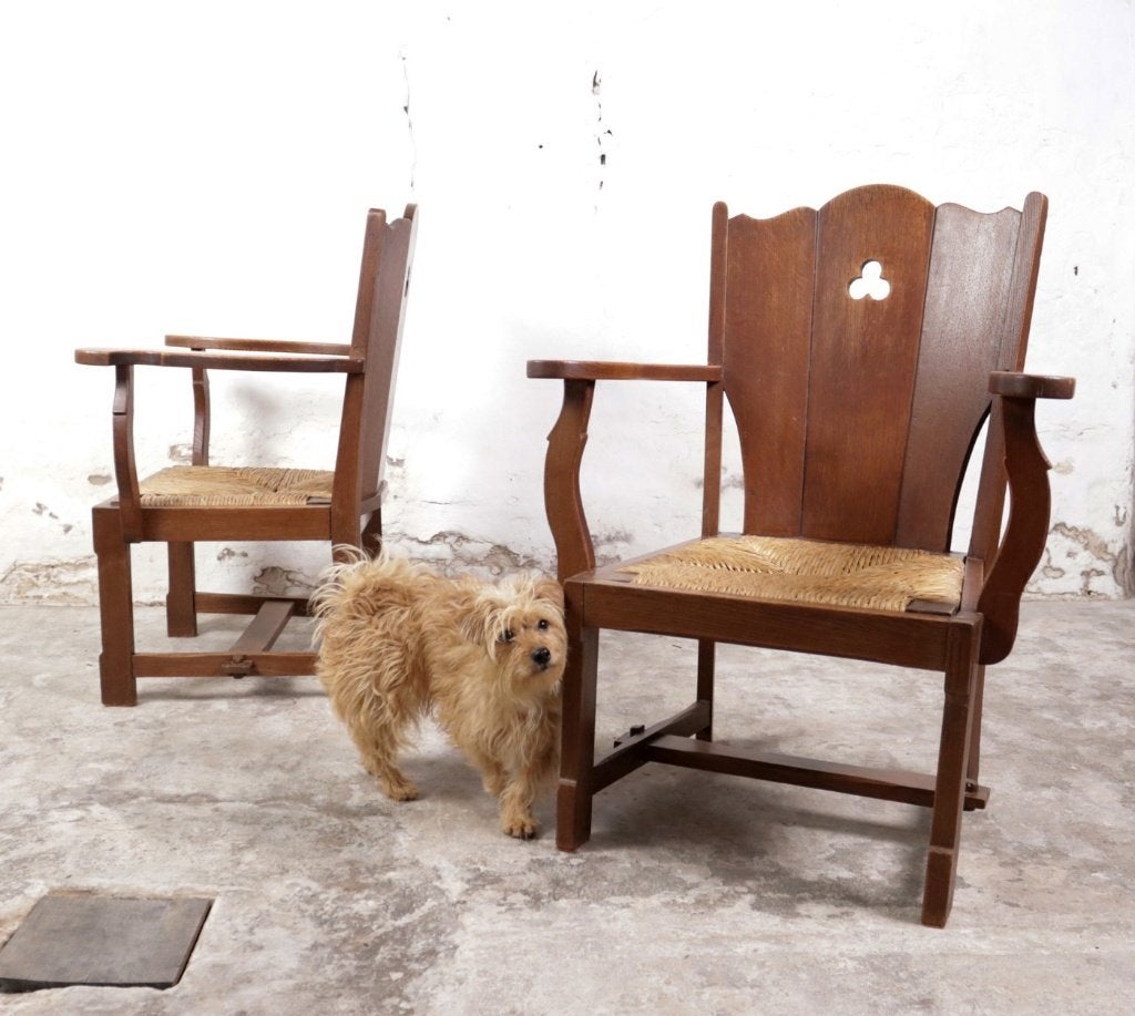 Paar brutalist eiken loungestoelen biezen zitting ca 1935, Gebruikt, Minder dan 75 cm, 50 tot 75 cm, Hout