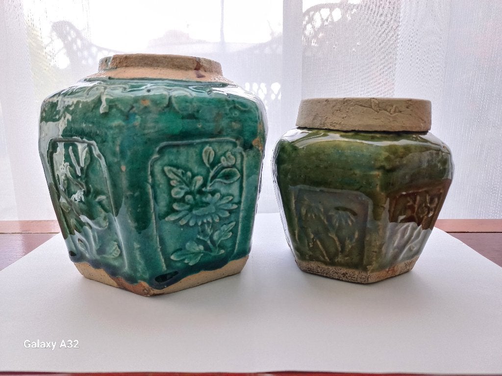 Groene gemberpotten, waarvan 1 met deksel, Ophalen of Verzenden