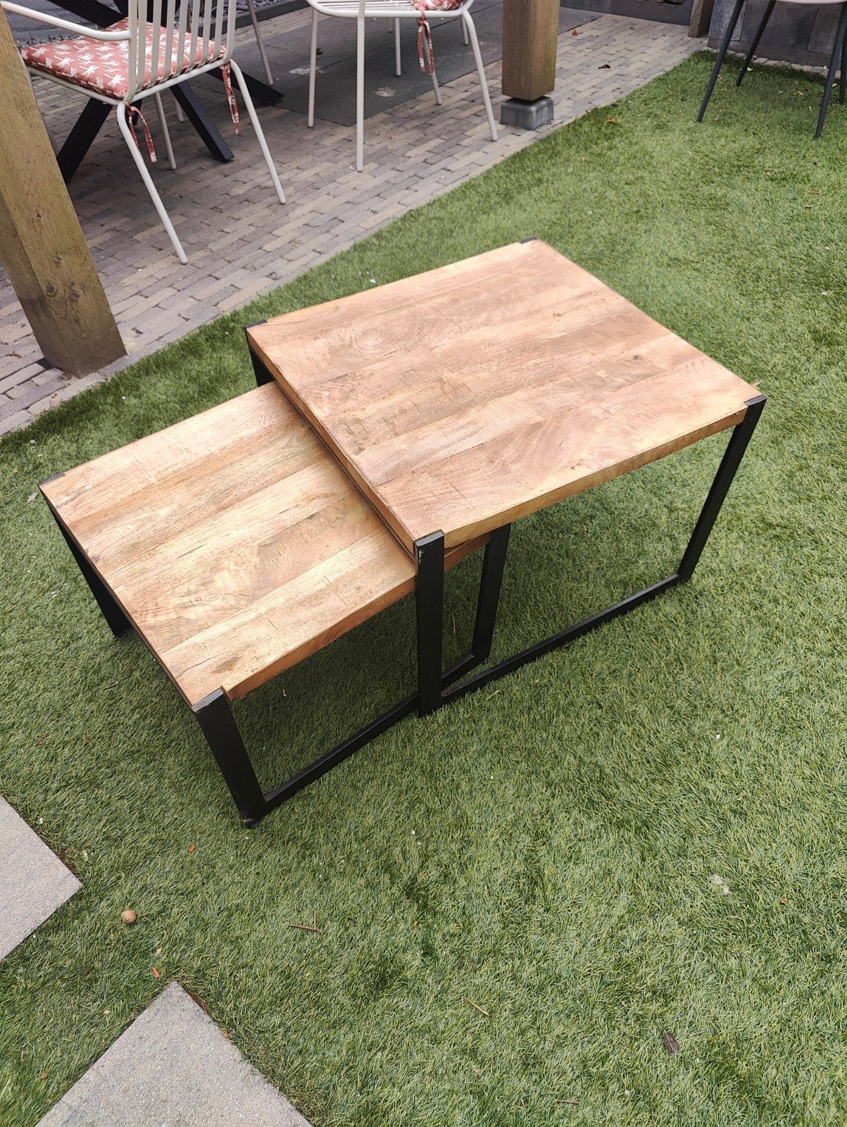 Salontafel set 60x60 cm en 50x50 cm, Overige houtsoorten, Gebruikt, 50 tot 100 cm, Vierkant