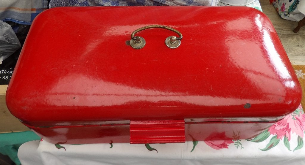 oude emaille brooddoos/ rood emaille broodtrommel, Antiek en Kunst, Ophalen of Verzenden
