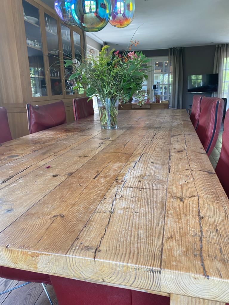 Op maat gemaakte kloostertafel van oud grenen/douglas, Ophalen, Gebruikt, 200 cm of meer, 50 tot 100 cm