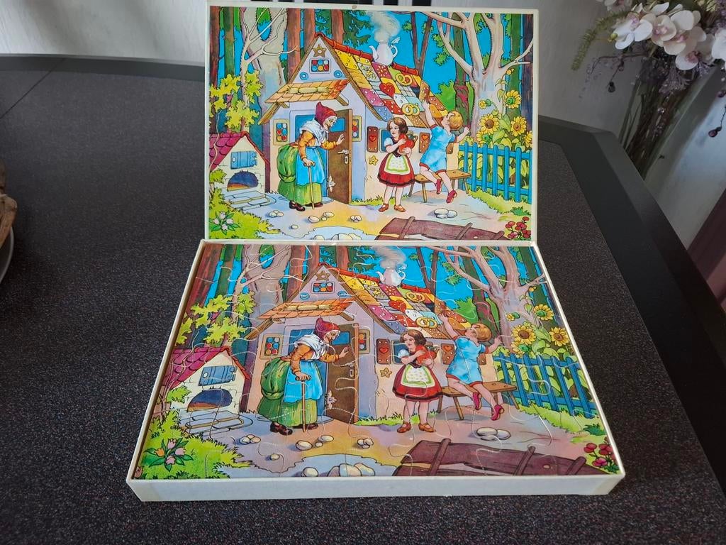 Puzzels '60/'70 vintage Hans en Grietje Gochelhond Molen, Ophalen of Verzenden, Gebruikt, Van hout