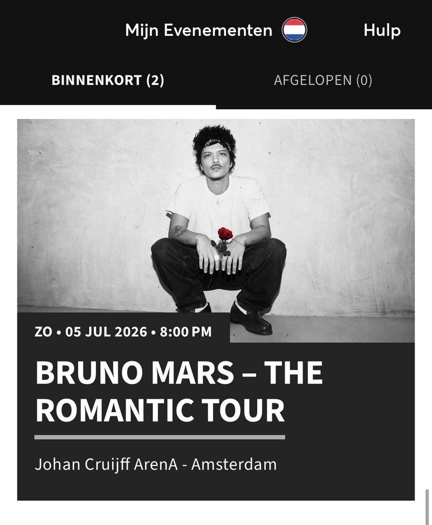 2x zitplekken voor Bruno Mars 5 juli, Tickets en Kaartjes, Concerten | Pop, Twee personen, Juli
