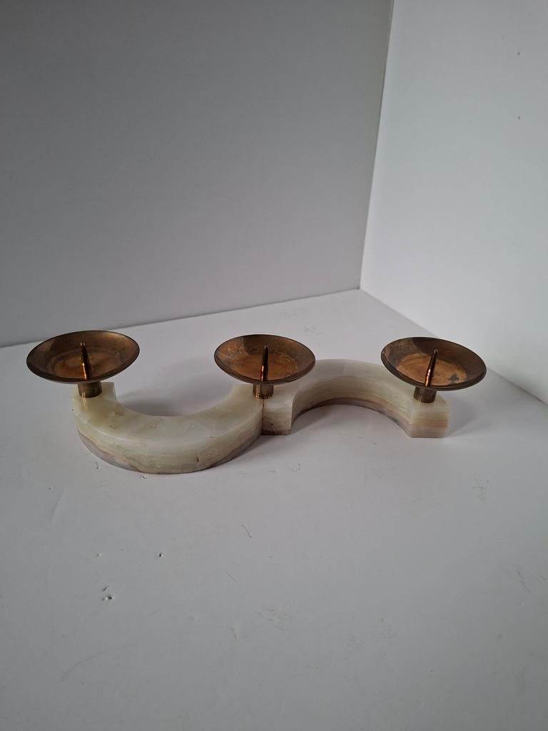 Vintage Marmeren Kandelaar met 3 Messing Houders, Ophalen of Verzenden, Overige materialen